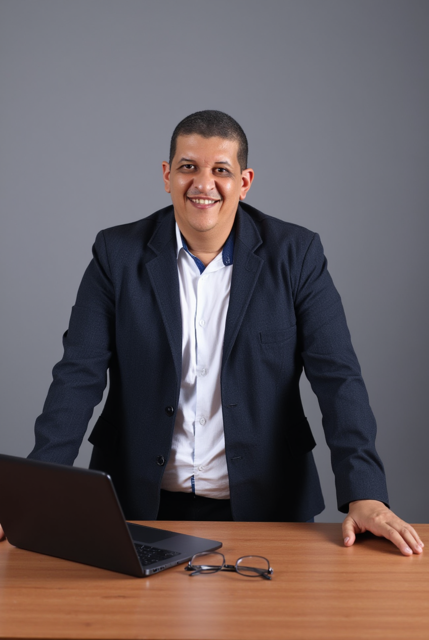 Pablo Soledade em ambiente profissional, apoiado em uma mesa com notebook